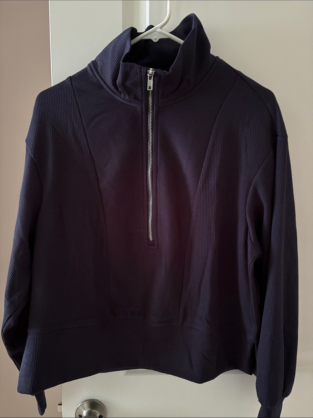 Half-Zip Ribbed Pullover Hoodie in Black